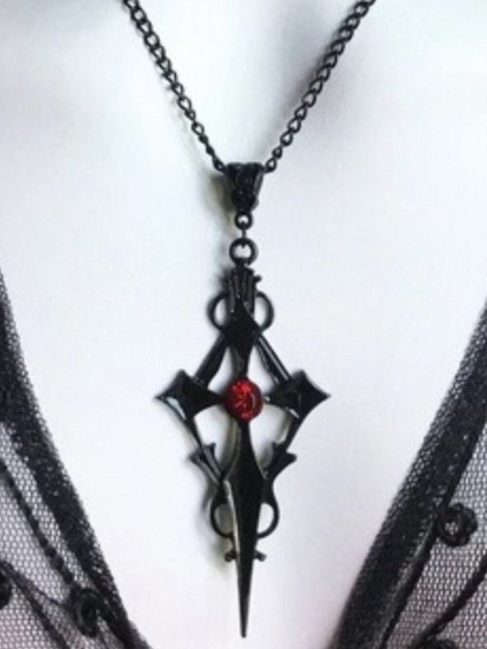 DESIGNER Goth Vampire Black Enamel Cross/Red Crystal Statement Necklace**NEW!